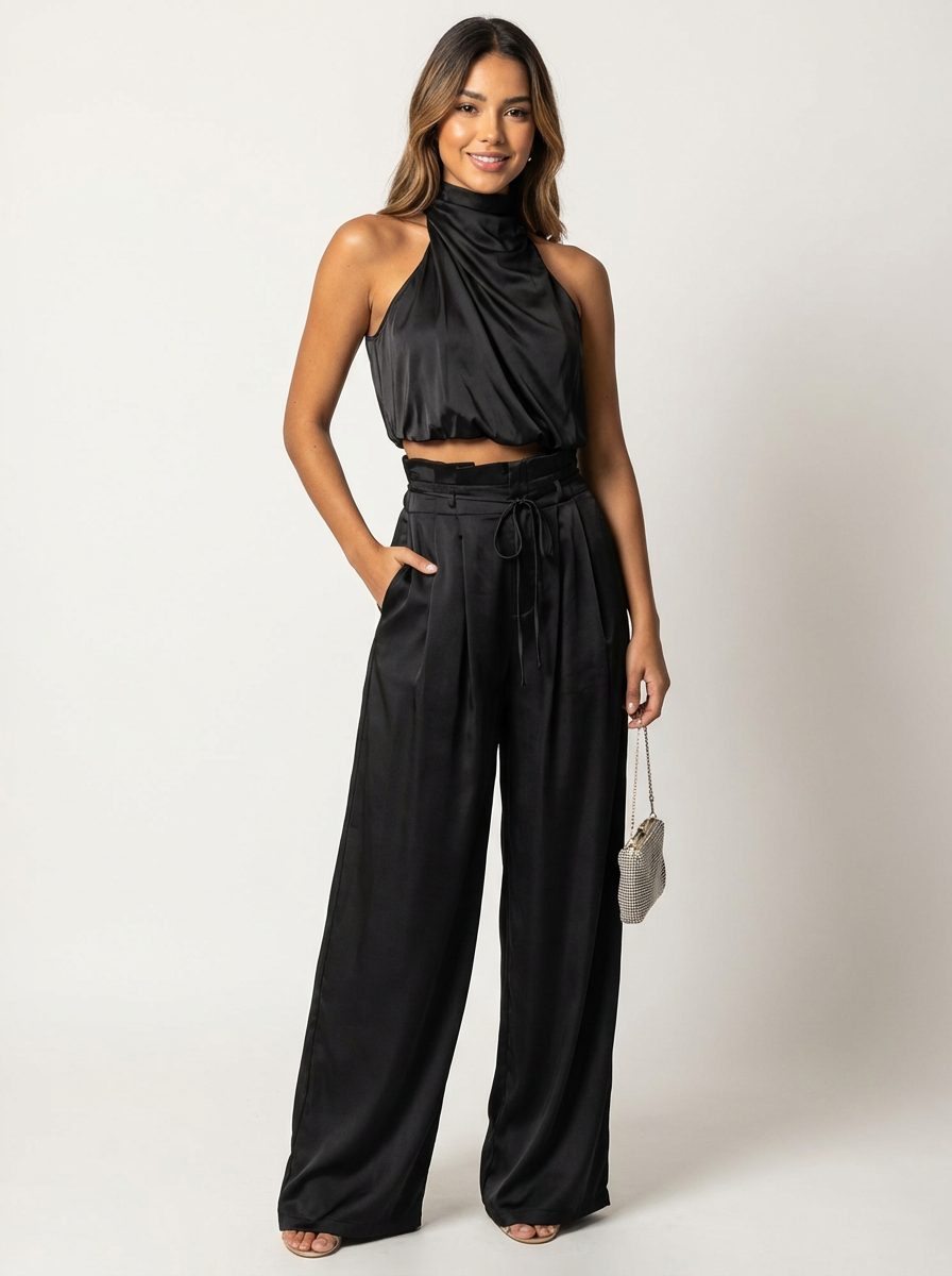 Satin Halter Cropped Top and Wide Leg Trousers Set for Women