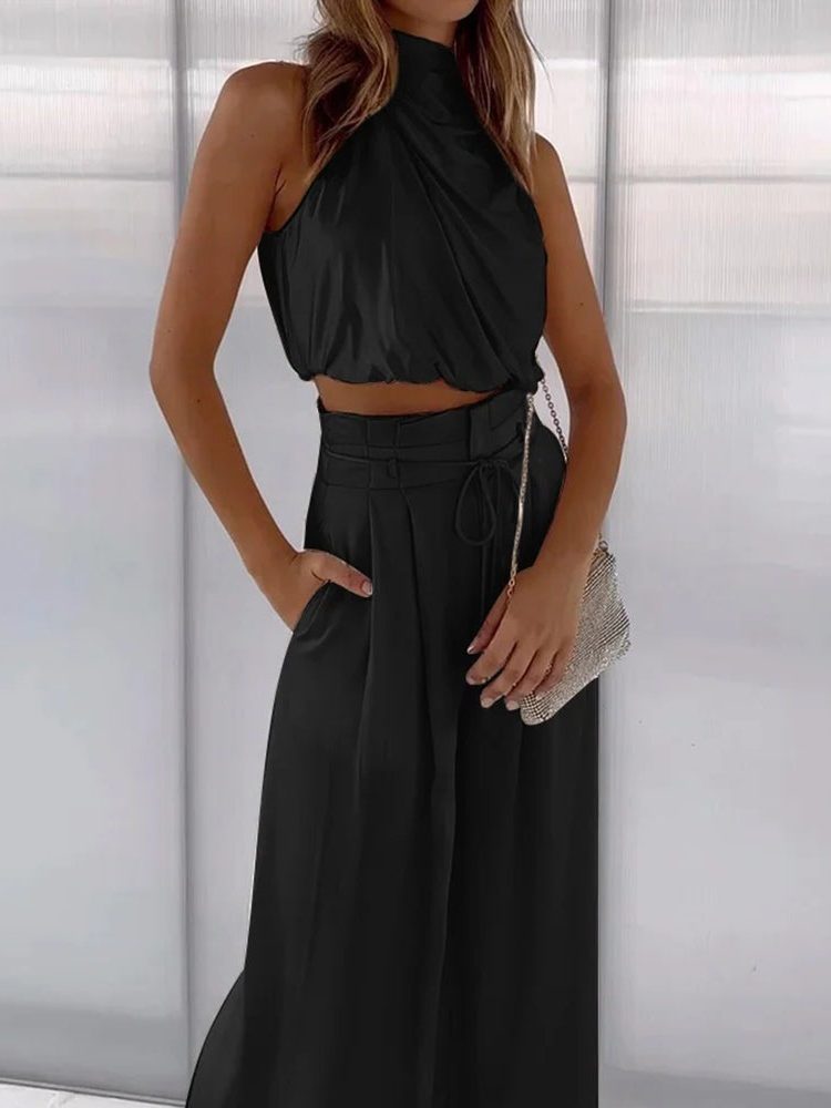 Satin Halter Cropped Top and Wide Leg Trousers Set for Women - View 10