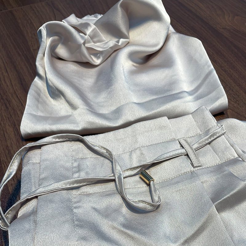 Satin Halter Cropped Top and Wide Leg Trousers Set for Women - View 12