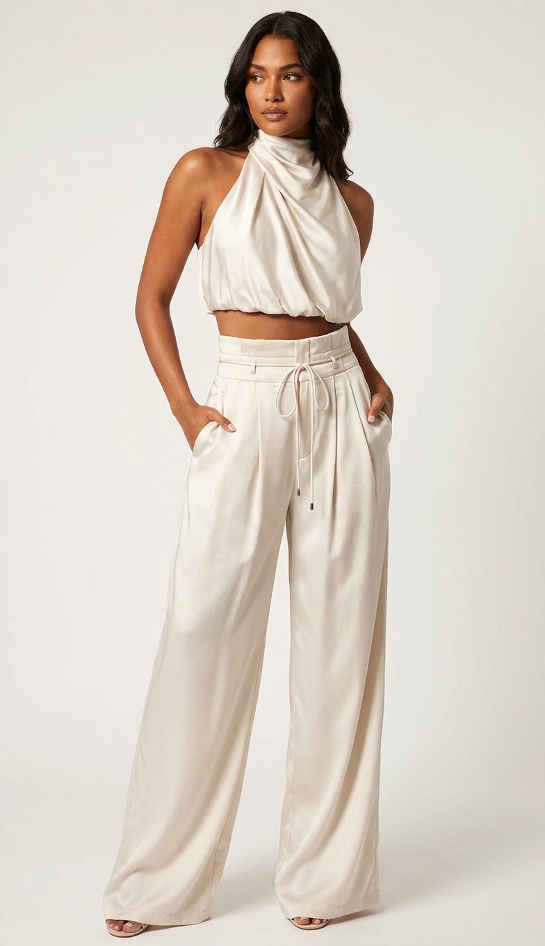 Satin Halter Cropped Top and Wide Leg Trousers Set for Women - Champagne