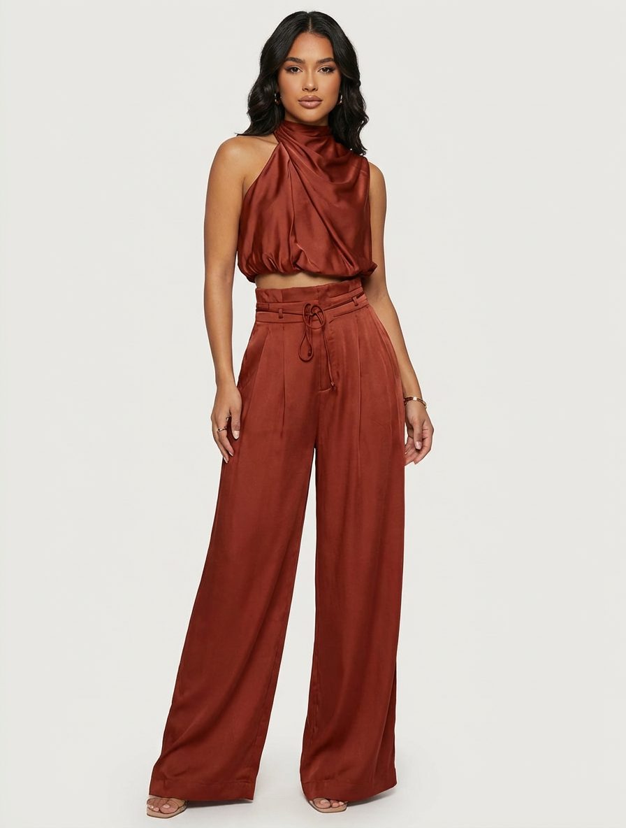 Satin Halter Cropped Top and Wide Leg Trousers Set for Women - Red