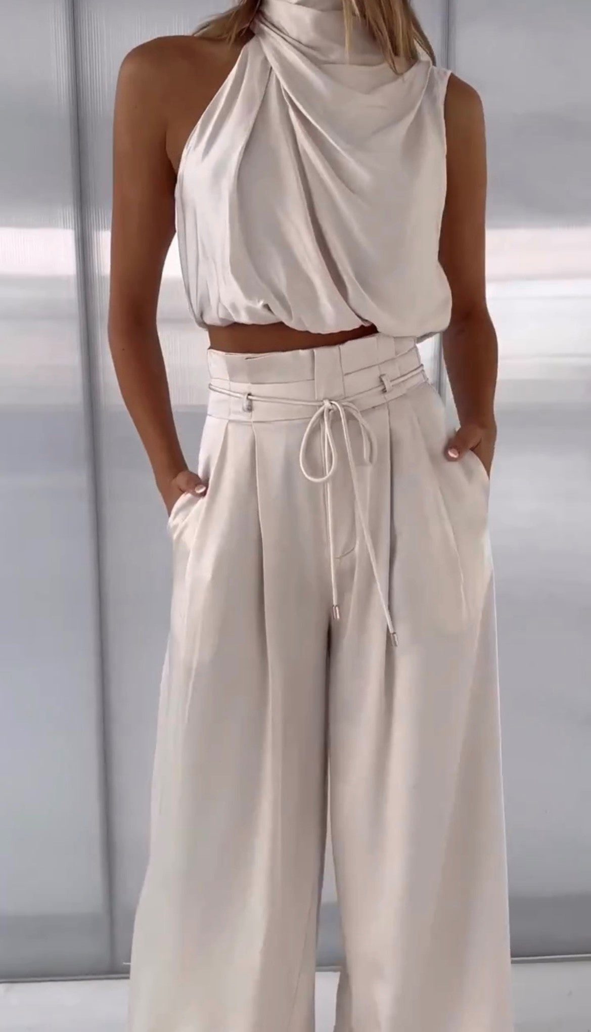 Satin Halter Cropped Top and Wide Leg Trousers Set for Women - View 6