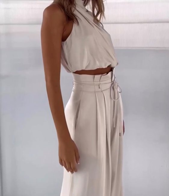 Satin Halter Cropped Top and Wide Leg Trousers Set for Women - View 7