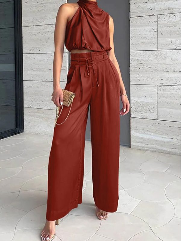 Satin Halter Cropped Top and Wide Leg Trousers Set for Women - View 9