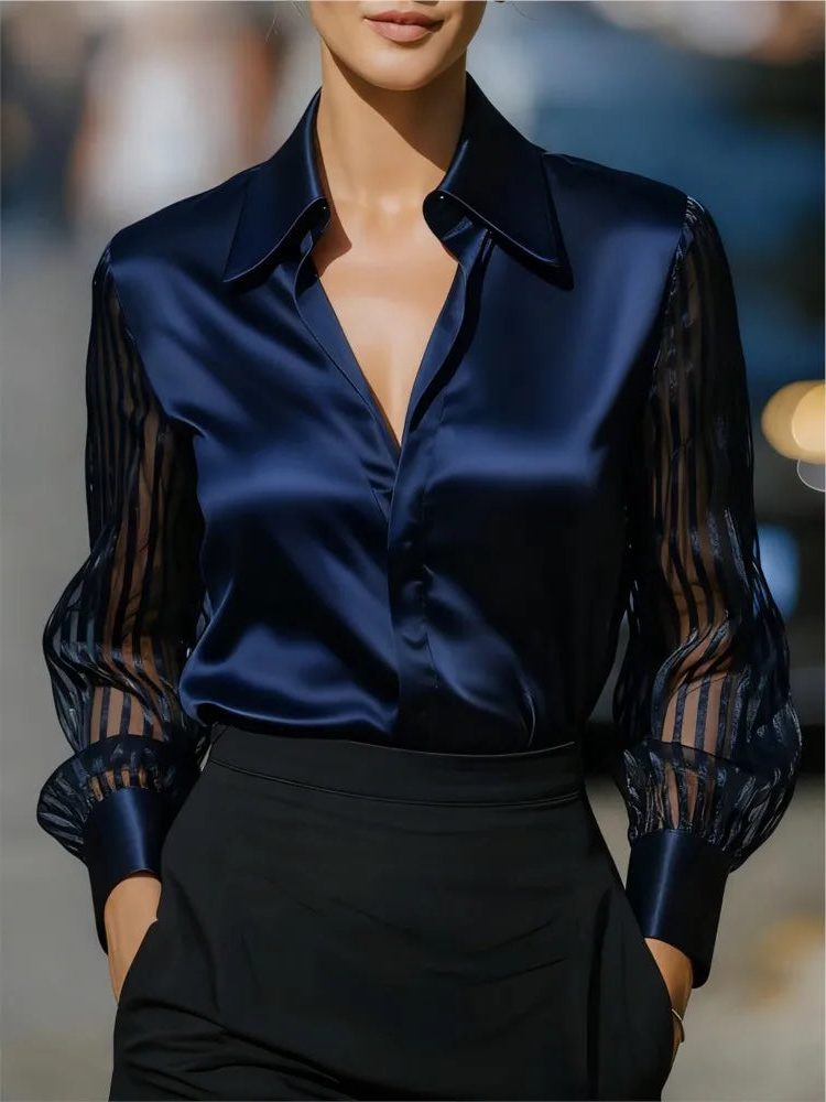 Satin Lapel Collar Long Sleeve Blouse for Women