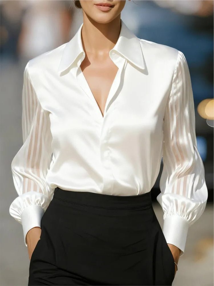 Satin Lapel Collar Long Sleeve Blouse for Women - White