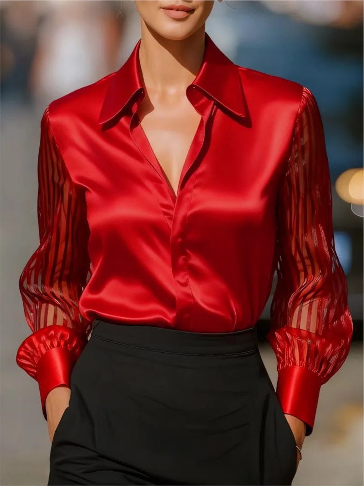 Satin Lapel Collar Long Sleeve Blouse for Women - Red