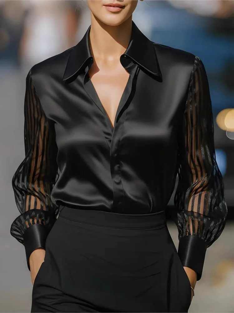 Satin Lapel Collar Long Sleeve Blouse for Women - View 2
