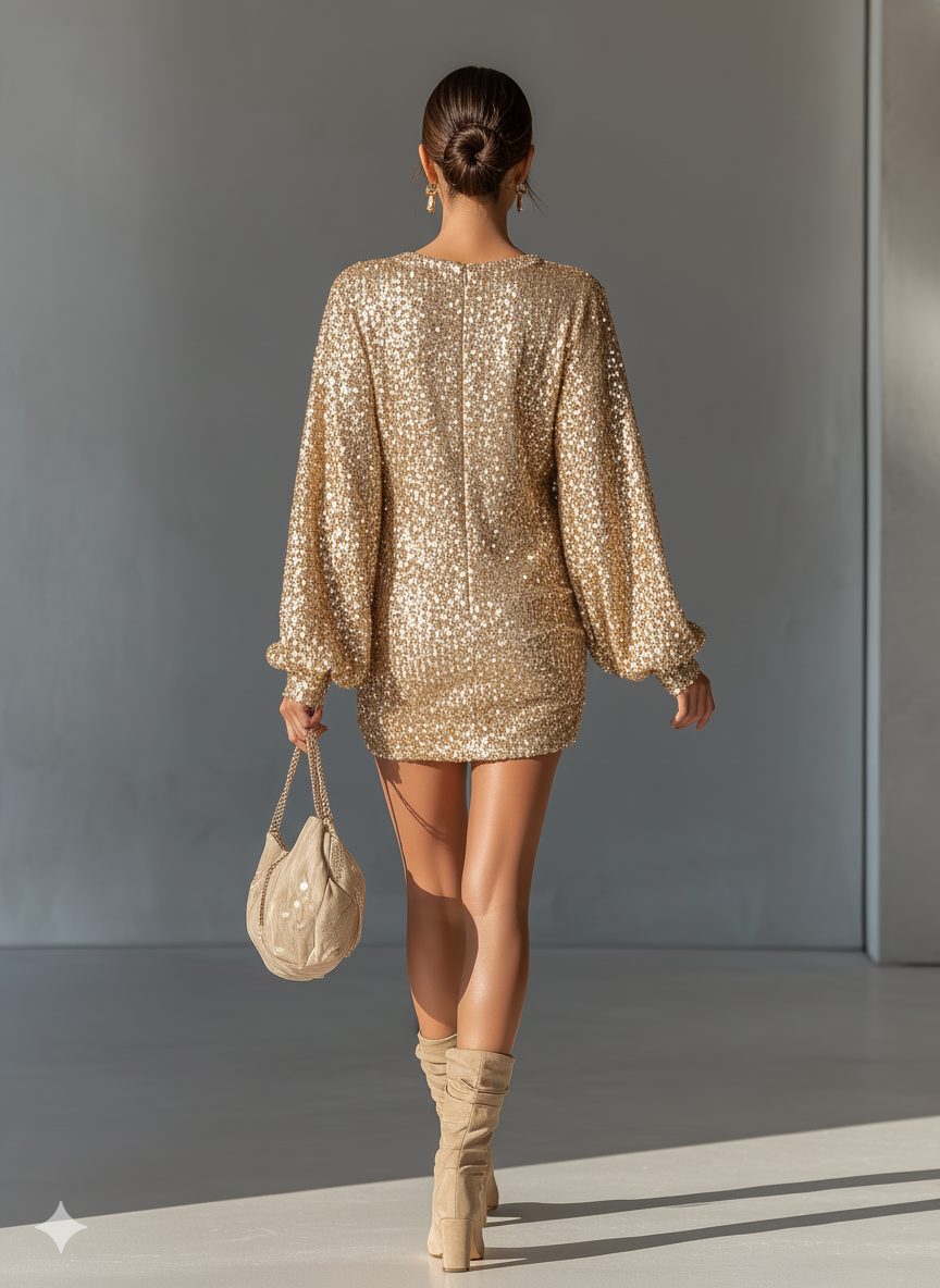 Sequin Lantern Sleeve Mini Dress for Women - View 5