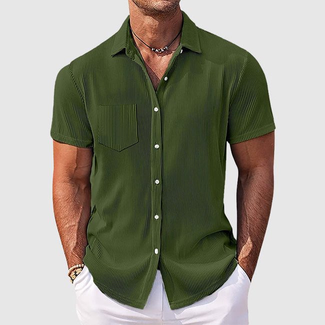Short Sleeve Ribbed Button-Down Shirt for Men - Green