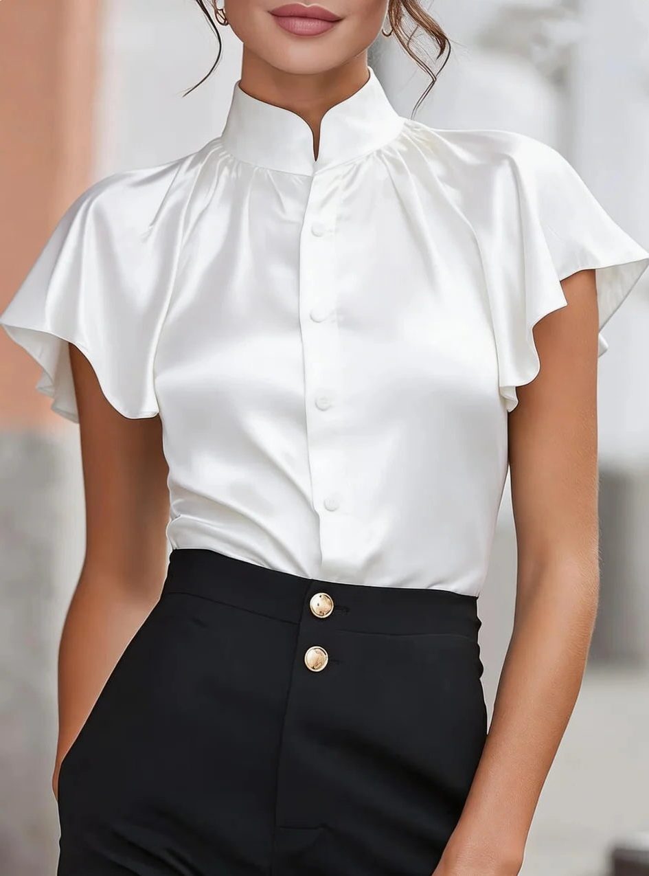 Satin Button-Down Blouse with Stand Collar and Short Sleeves for Women