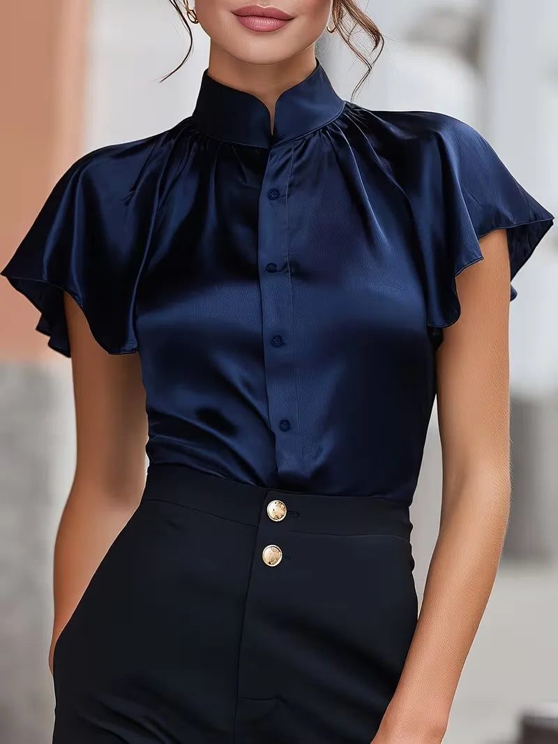 Satin Button-Down Blouse with Stand Collar and Short Sleeves for Women