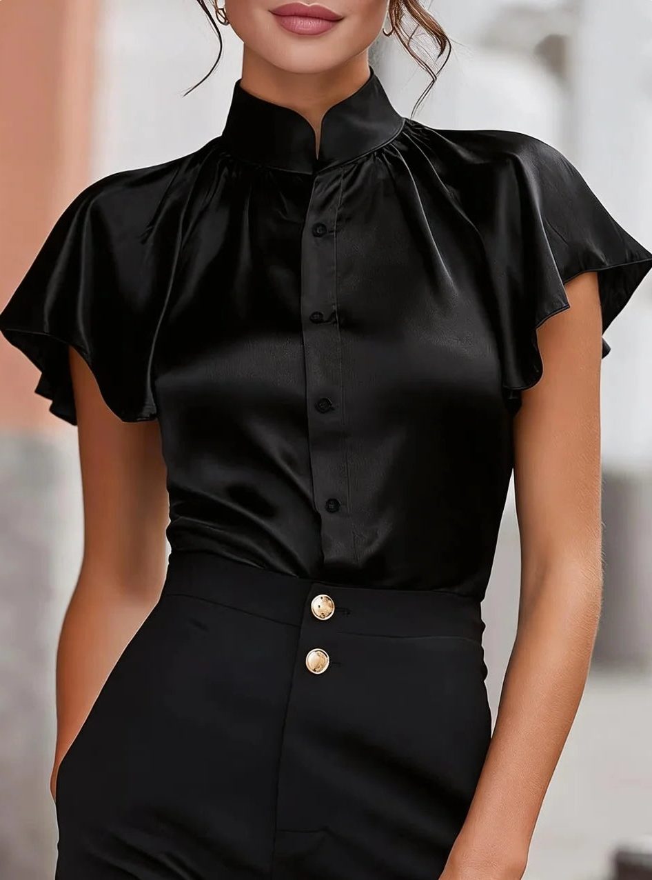 Satin Button-Down Blouse with Stand Collar and Short Sleeves for Women