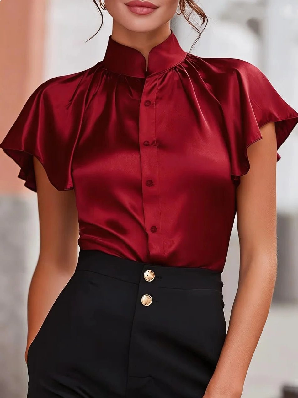 Satin Button-Down Blouse with Stand Collar and Short Sleeves for Women