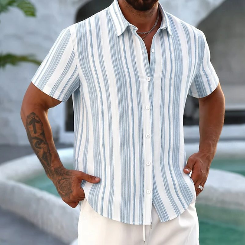 Short Sleeve Striped Button-Down Shirt for Men - Blue