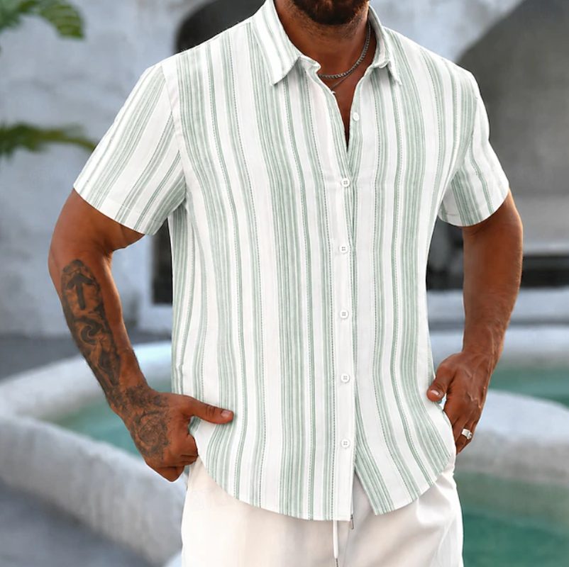 Short Sleeve Striped Button-Down Shirt for Men - Green