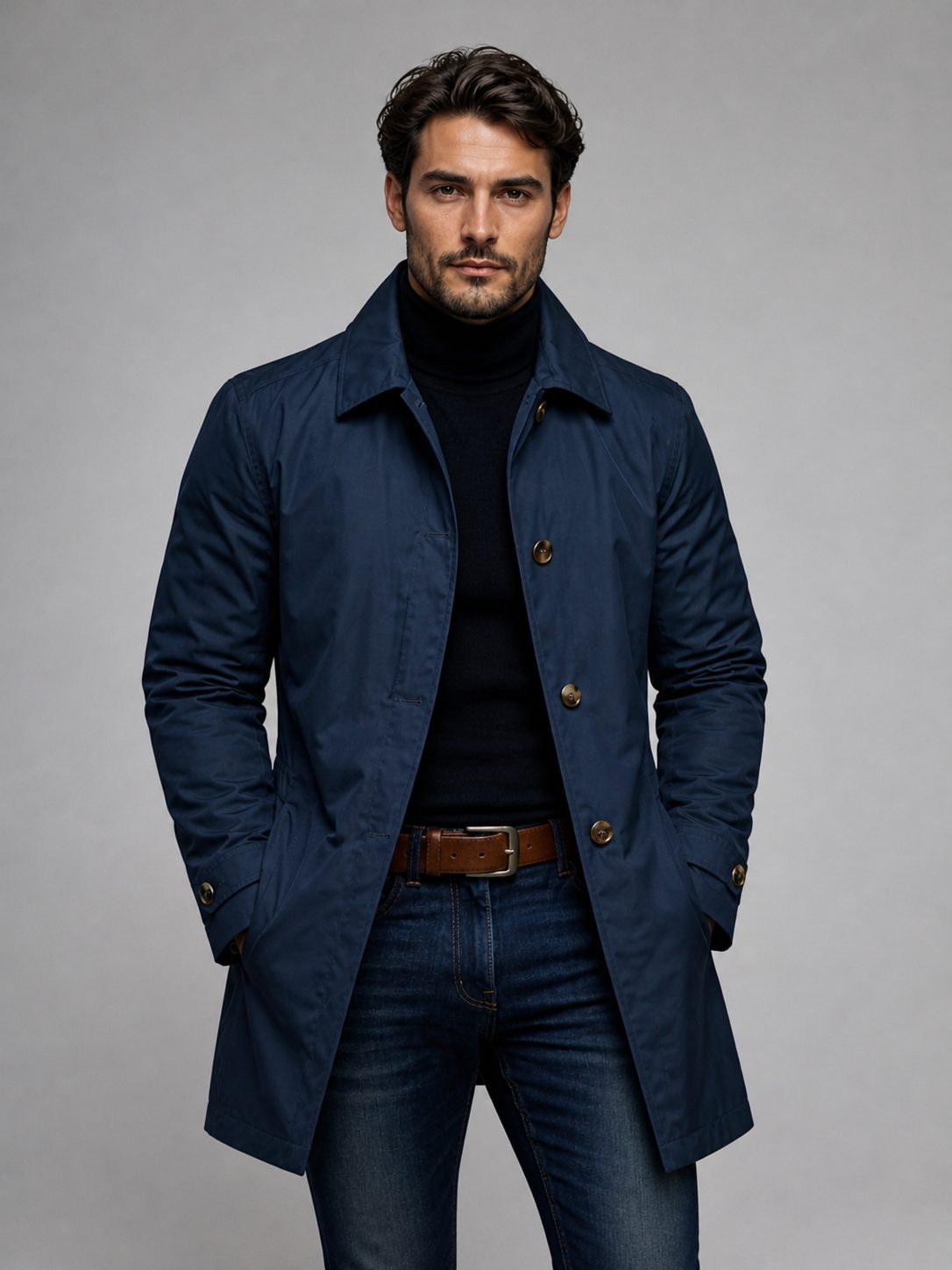 Single-Breasted Trench Coat for Men - Navy
