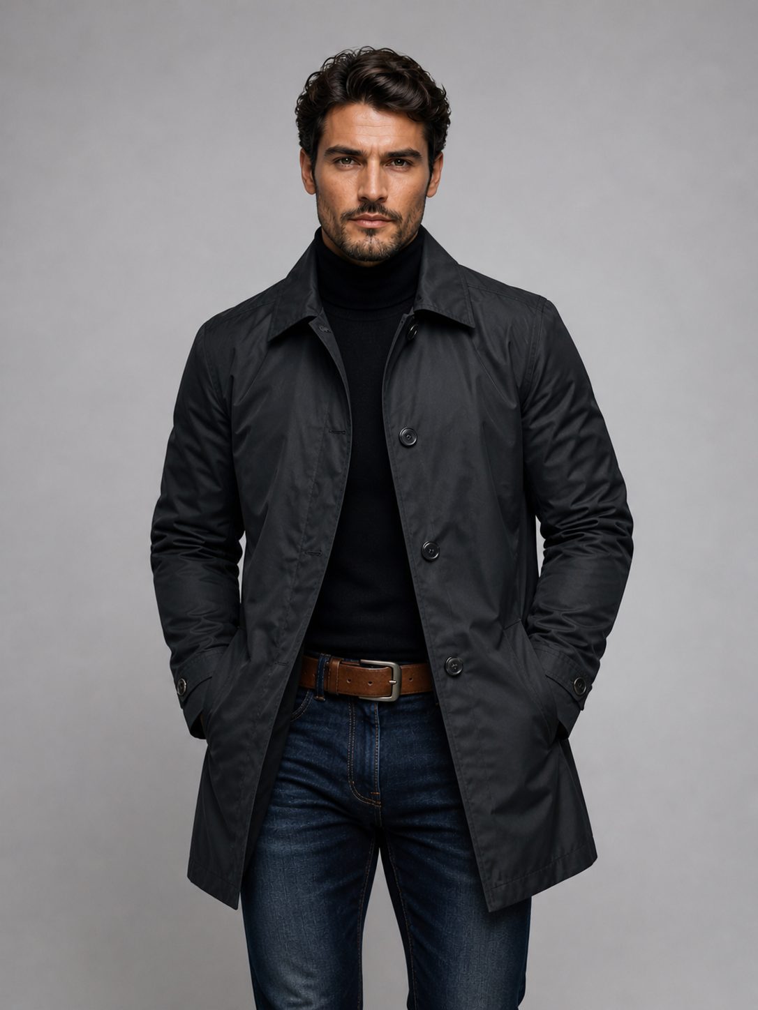 Single-Breasted Trench Coat for Men - Black