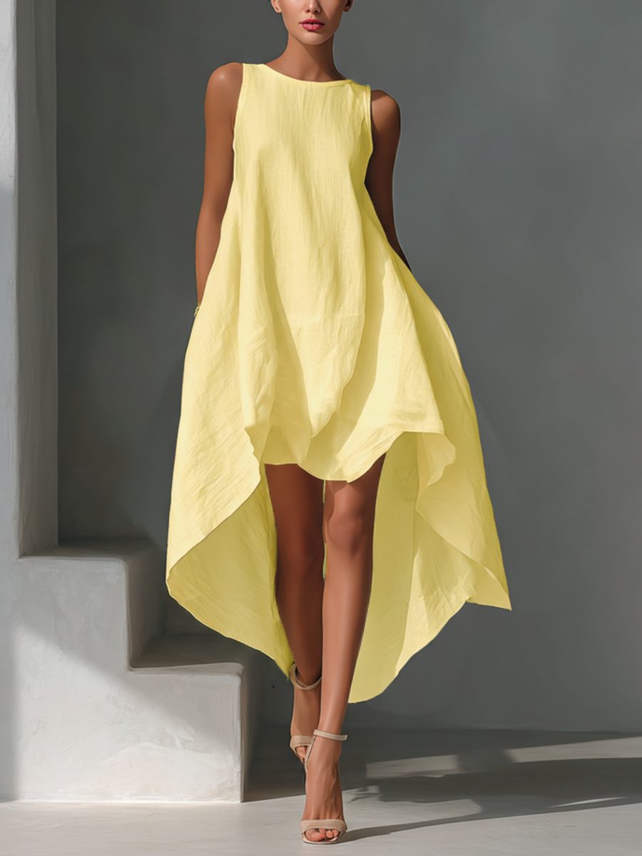 Sleeveless Asymmetric Hem Midi Dress for Women - Warm yellow