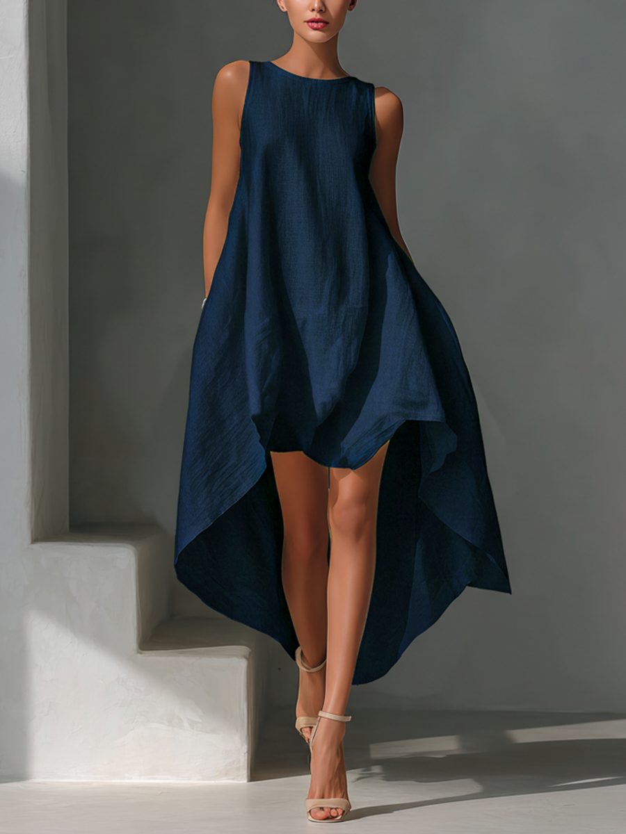 Sleeveless Asymmetric Hem Midi Dress for Women - Navy blue