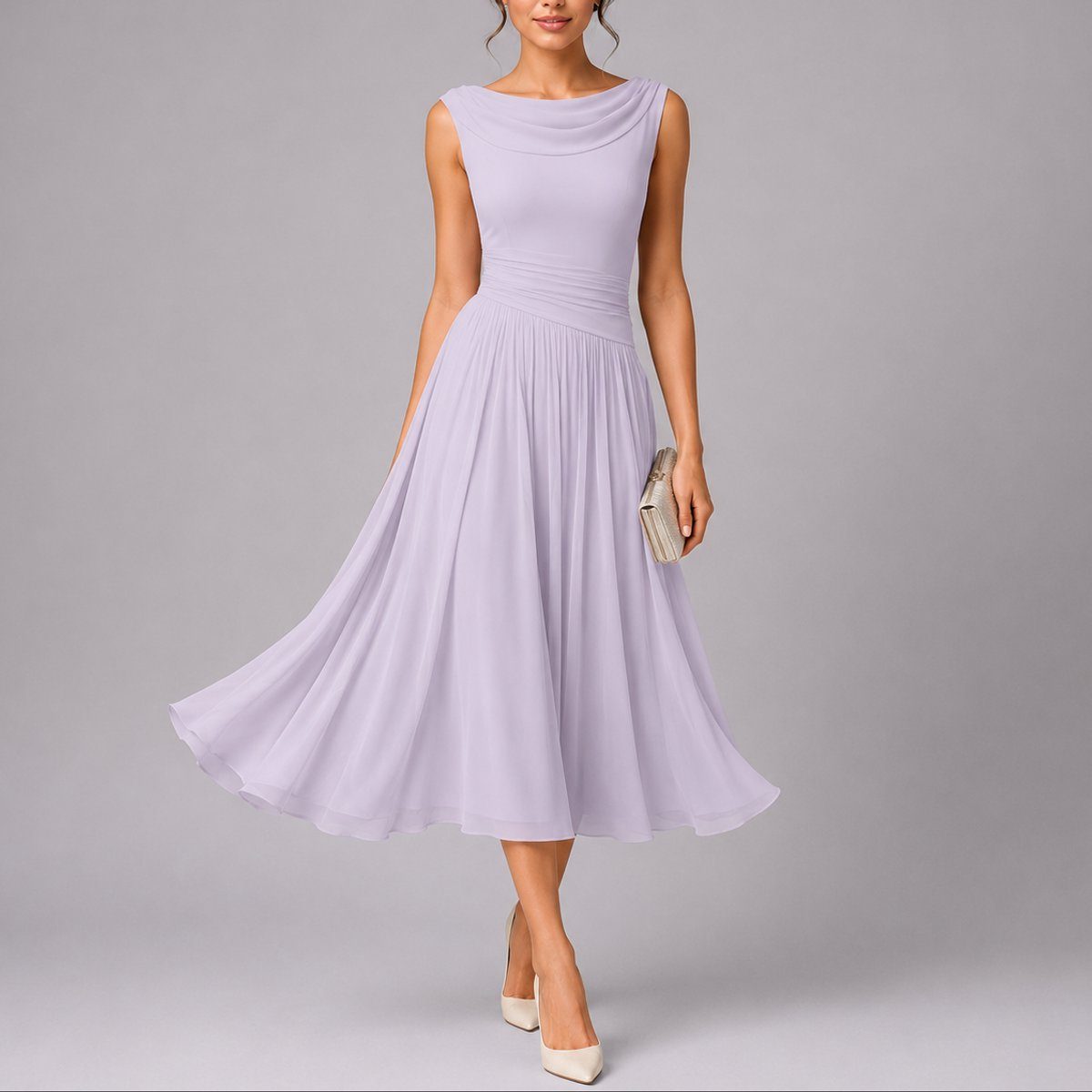Sleeveless Draped Neckline Pleated Midi Dress Autumn Wedding Guest for Women - Purple