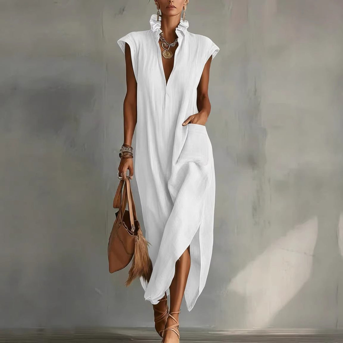 Sleeveless Linen Shirt Dress Midi for Women