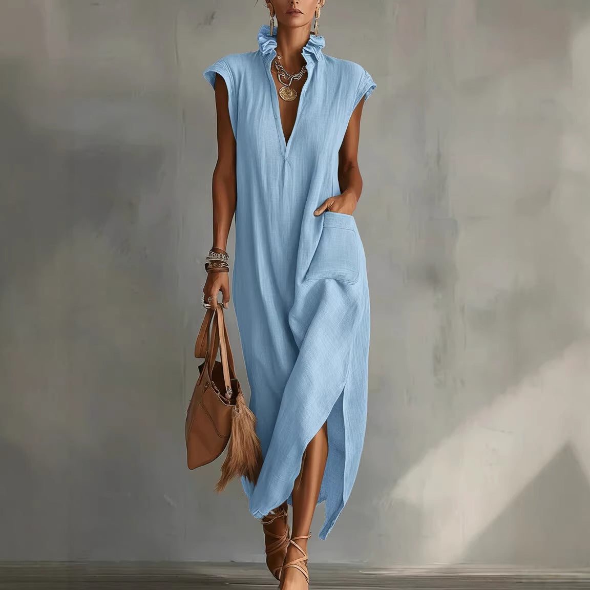 Sleeveless Linen Shirt Dress Midi for Women - Celeste