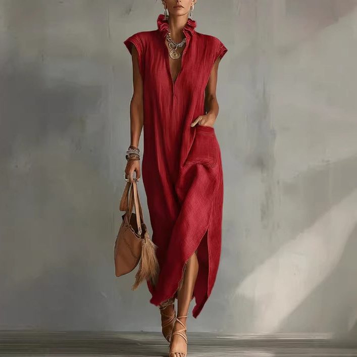Sleeveless Linen Shirt Dress Midi for Women - Rosso