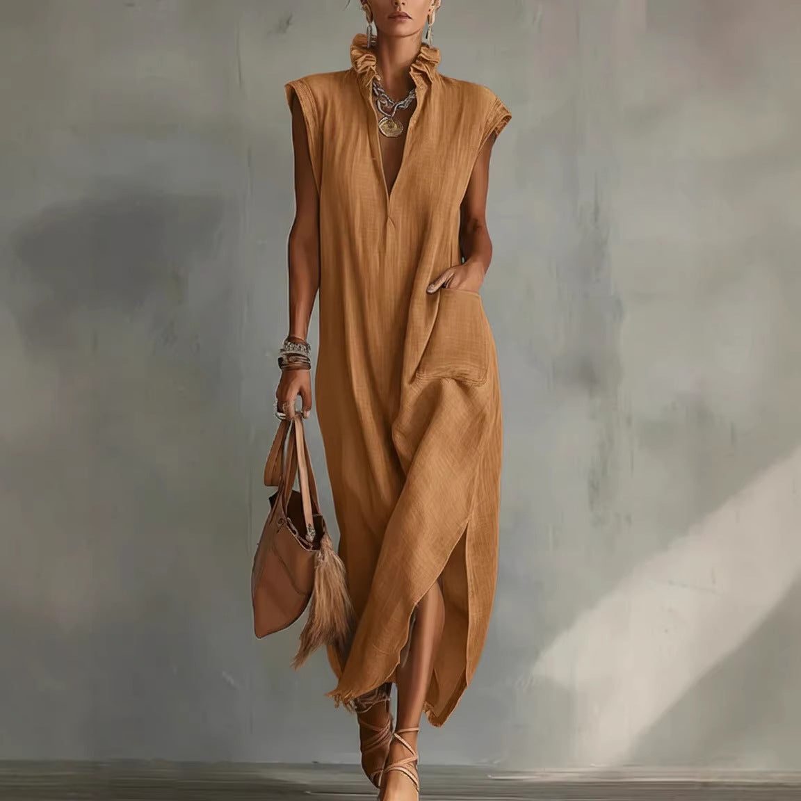 Sleeveless Linen Shirt Dress Midi for Women - Arancione