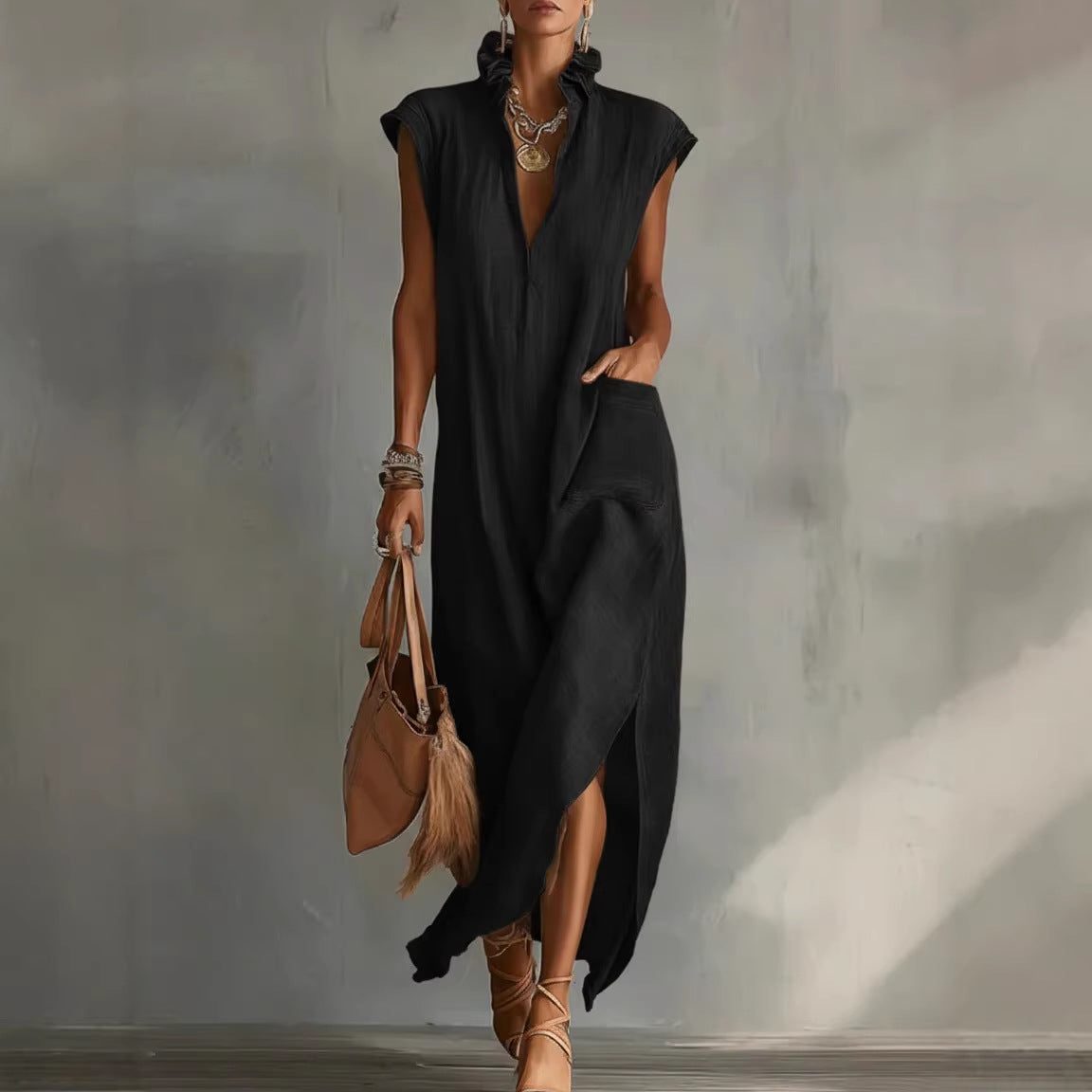 Sleeveless Linen Shirt Dress Midi for Women - Nero
