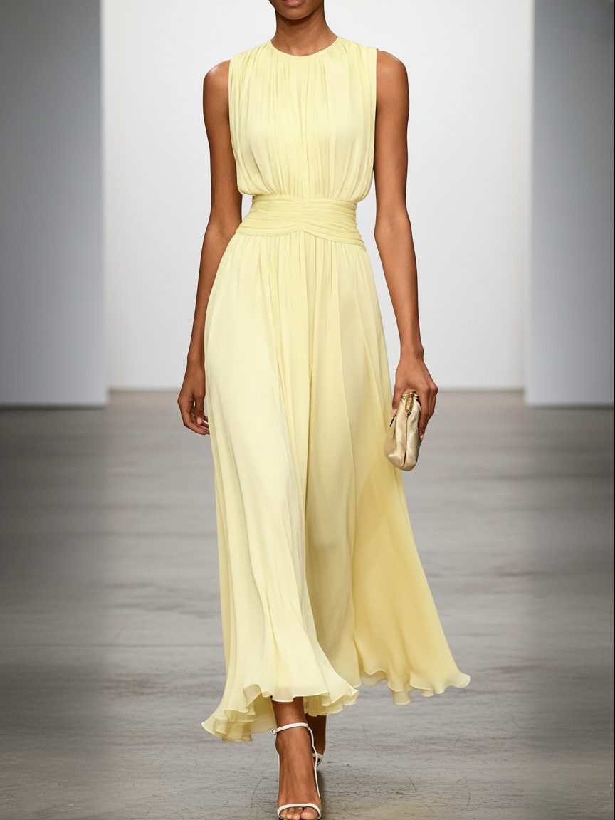 Sleeveless Ruched A-Line Wedding Guest Maxi Dress for Women - Yellow