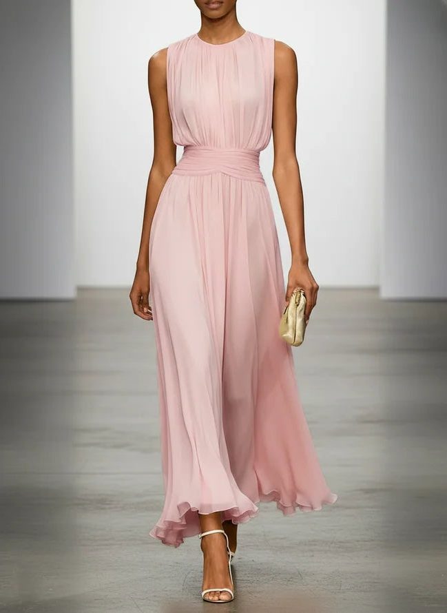 Sleeveless Ruched A-Line Wedding Guest Maxi Dress for Women - Light Pink