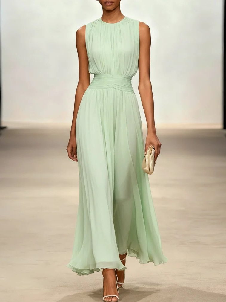 Sleeveless Ruched A-Line Wedding Guest Maxi Dress for Women - Sage Green