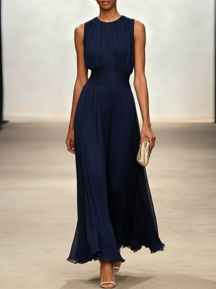 Sleeveless Ruched A-Line Wedding Guest Maxi Dress for Women - Navy Blue