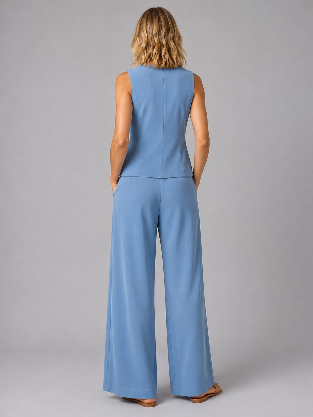 Sleeveless Waistcoat and Wide Leg Tailored Trousers Set for Women