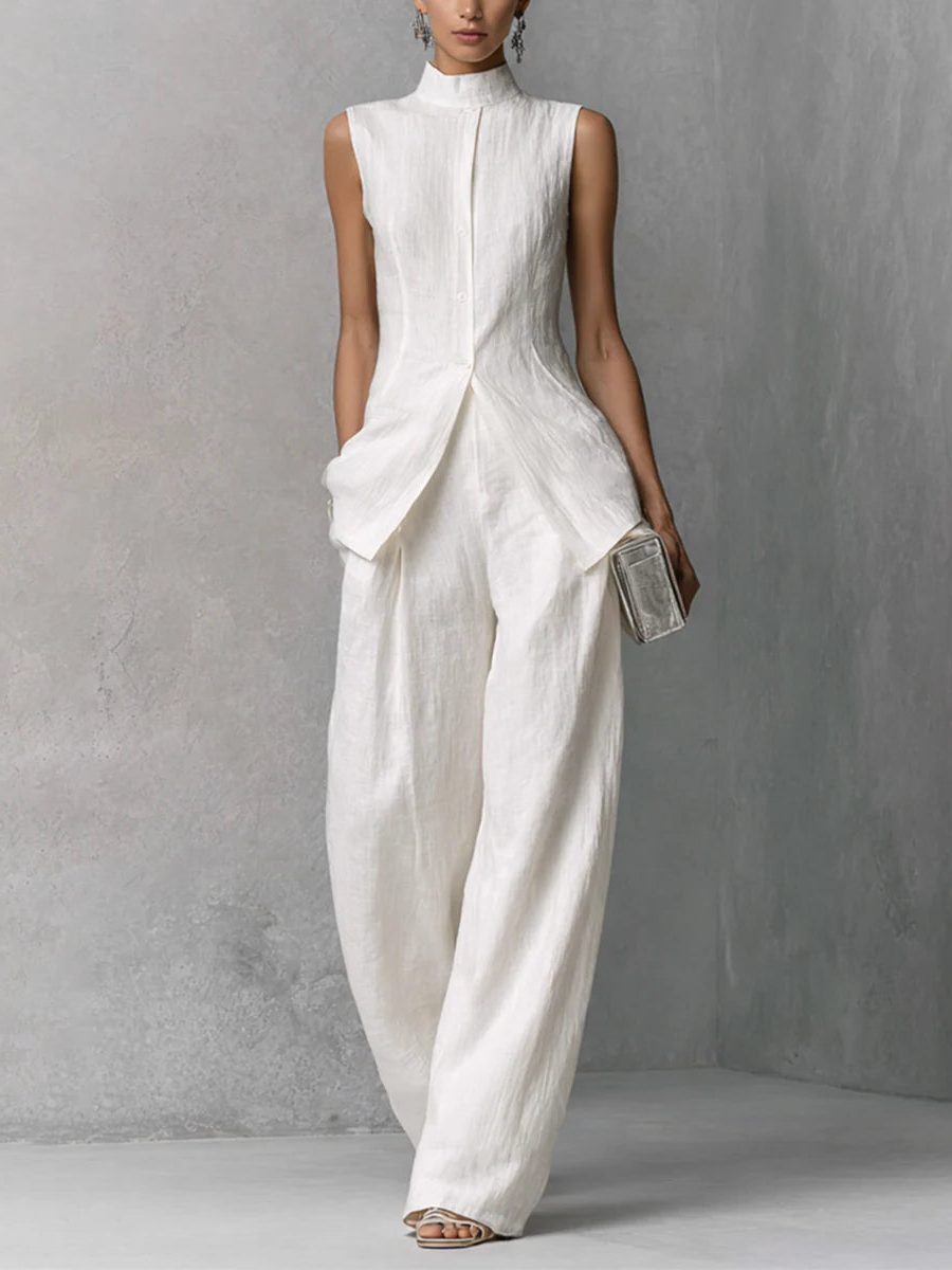 Sleeveless Wide Leg Linen Set for Women - View 2