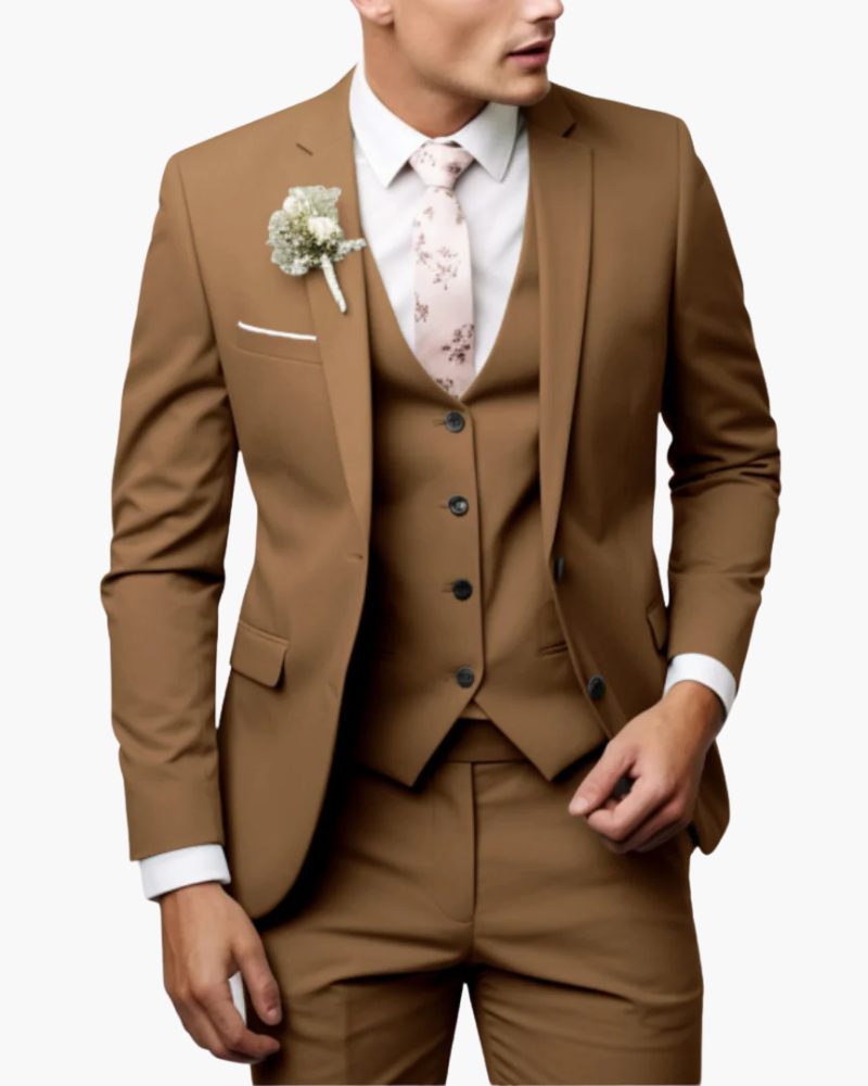 Slim Fit Three-Piece Suit for Men - Marrone