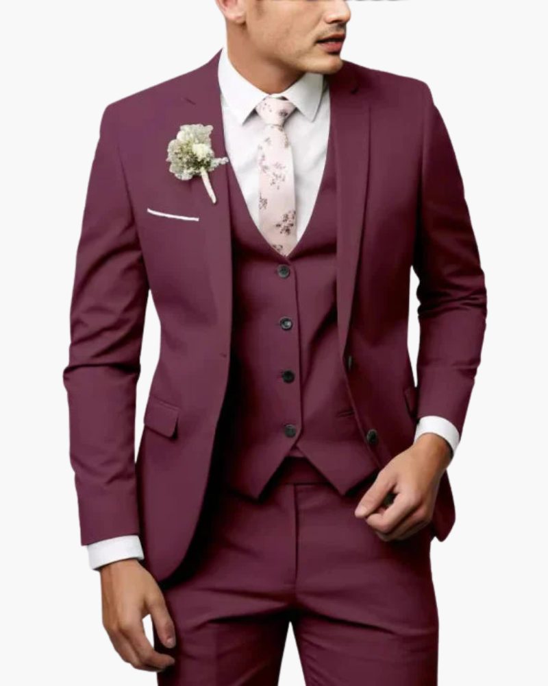 Slim Fit Three-Piece Suit for Men - Bordeaux