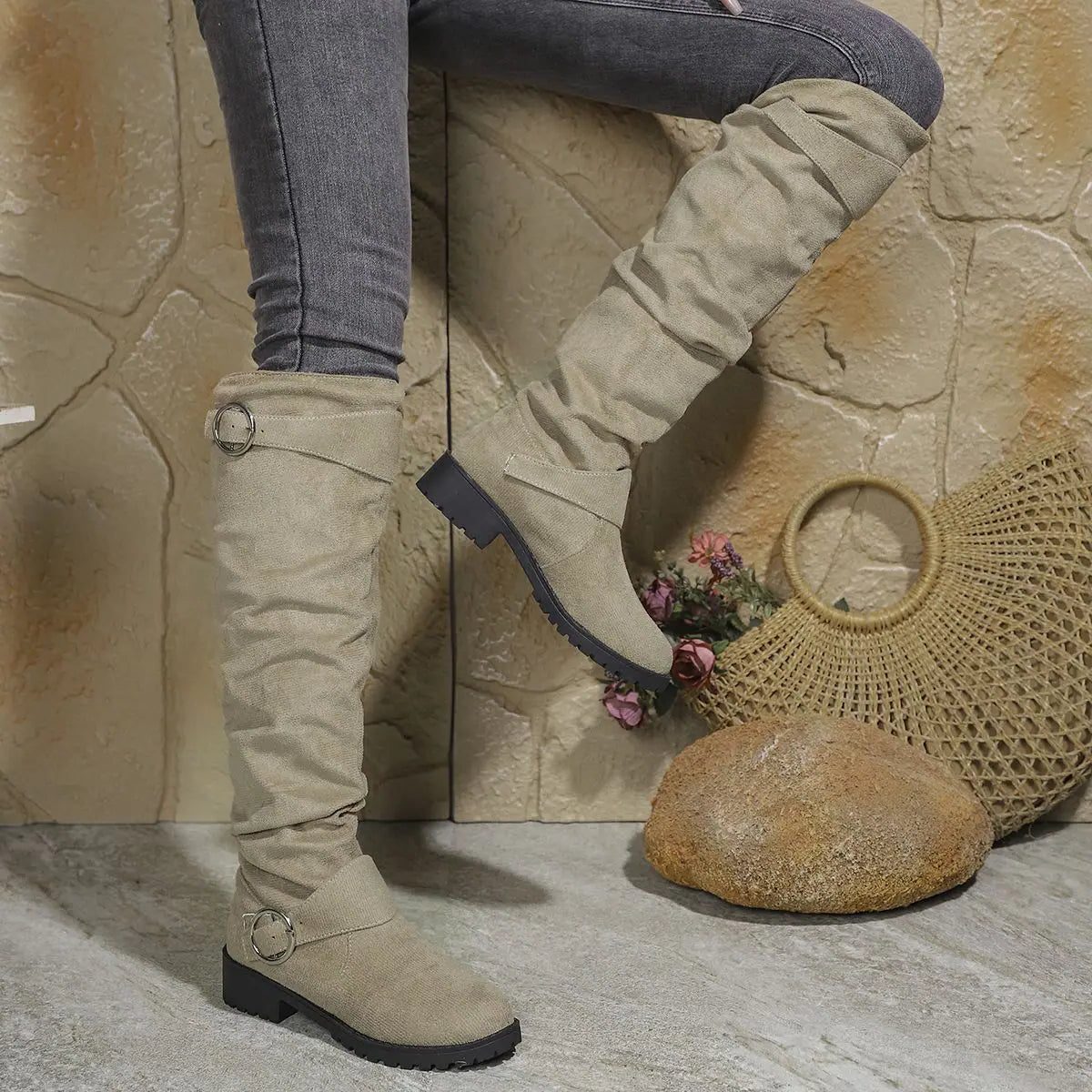 Slouchy Knee High Boots for Women - Khaki