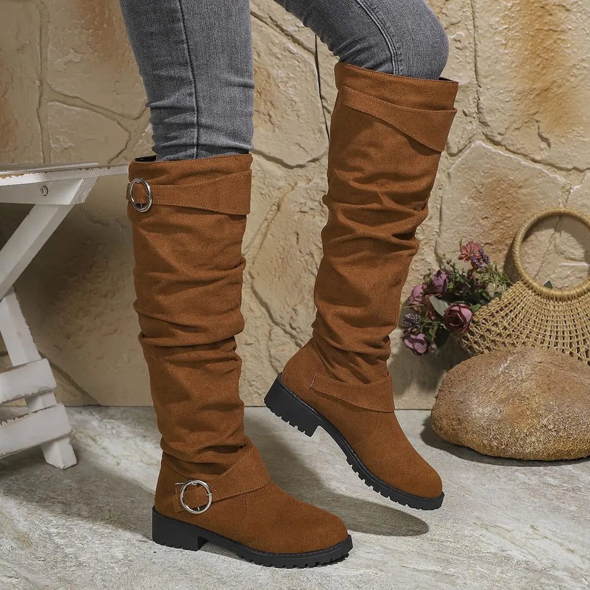 Slouchy Knee High Boots for Women - Light Brown