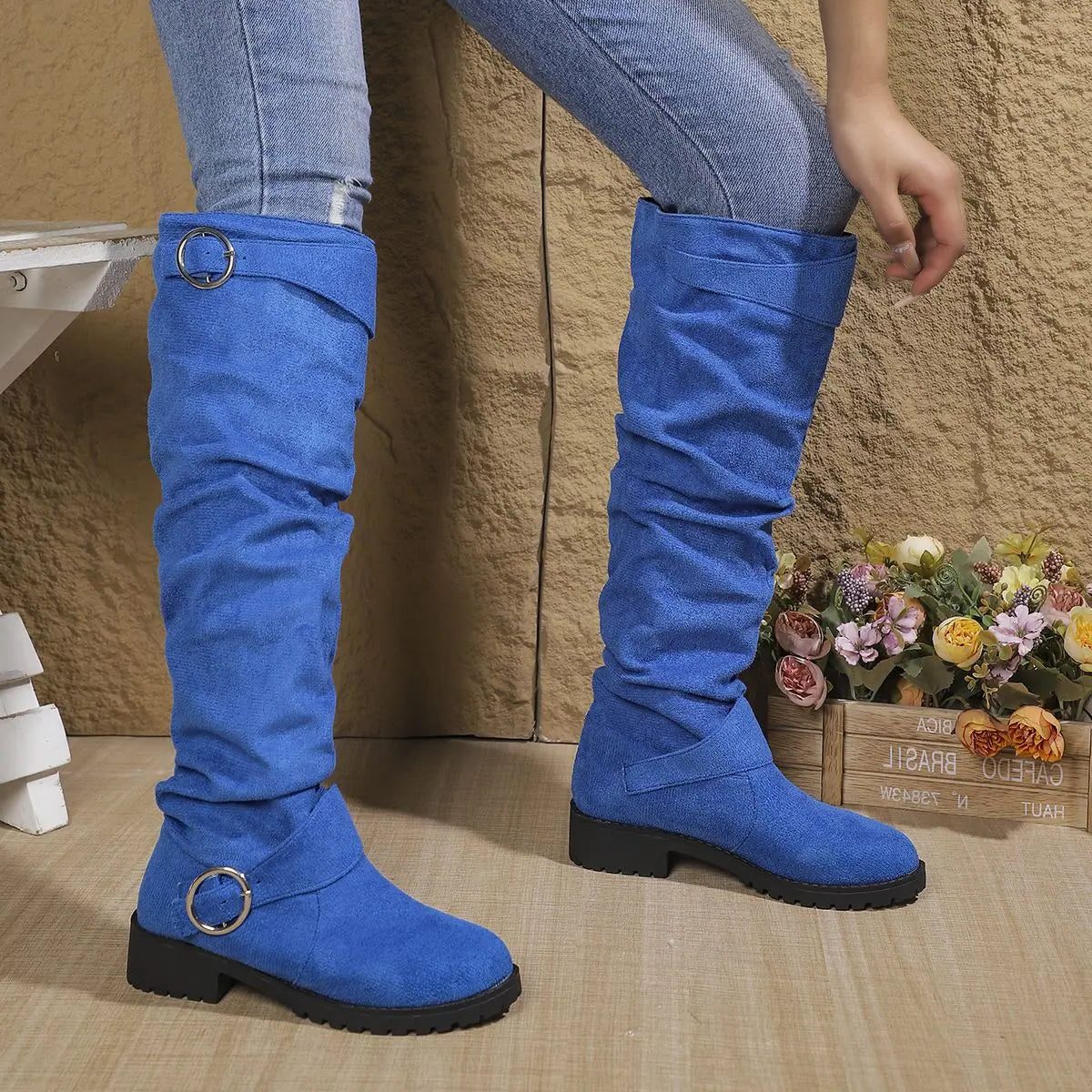 Slouchy Knee High Boots for Women - Blue