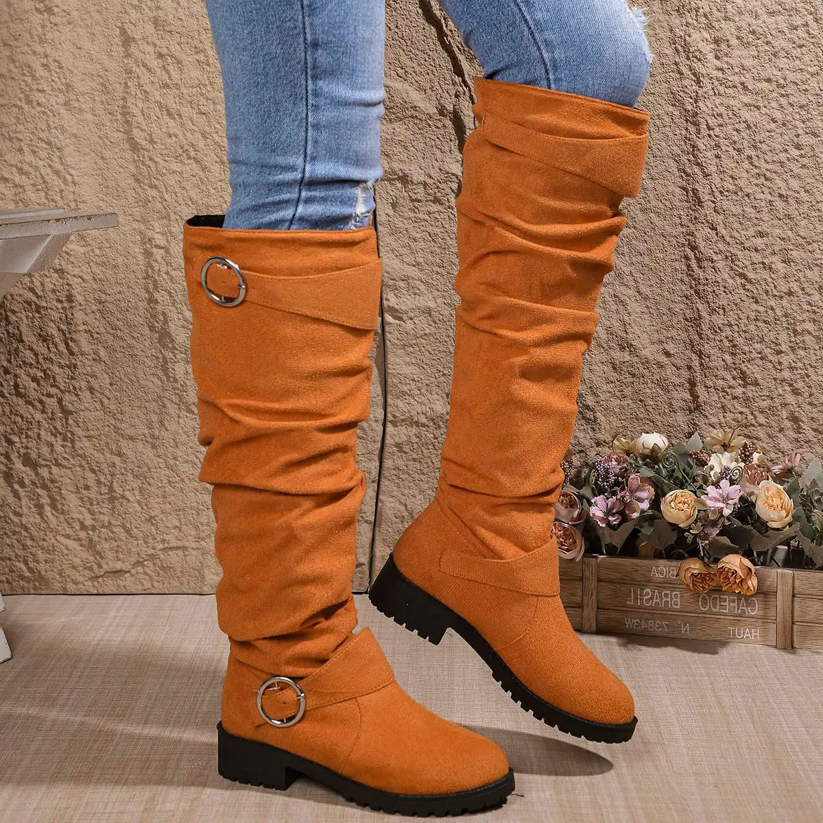 Slouchy Knee High Boots for Women - Orange