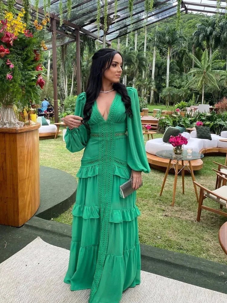 Deep V-Neck Wedding Guest Maxi Dress with Ruffle for Women