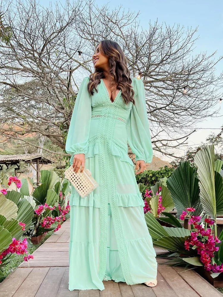 Deep V-Neck Wedding Guest Maxi Dress with Ruffle for Women