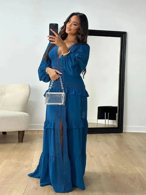 Deep V-Neck Wedding Guest Maxi Dress with Ruffle for Women