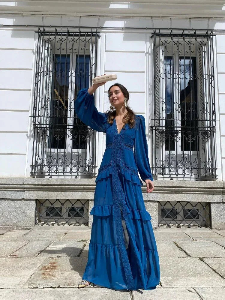 Deep V-Neck Wedding Guest Maxi Dress with Ruffle for Women