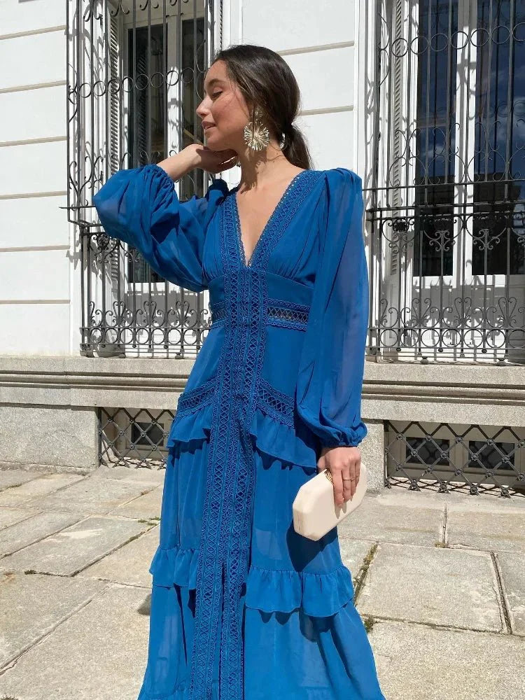 Deep V-Neck Wedding Guest Maxi Dress with Ruffle for Women