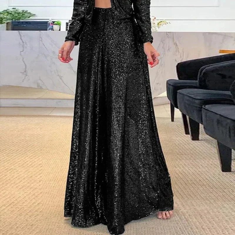Sparkly Wide Leg Sequin Trousers for Women - Black