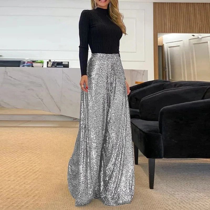 Sparkly Wide Leg Sequin Trousers for Women - Silver