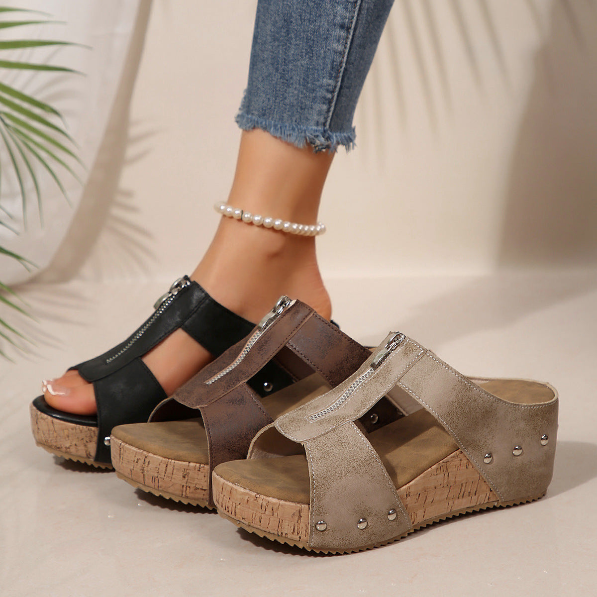 Front Zip Wedge Sandals With Rivets For Women